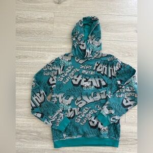 H&M Youth Graffiti Print Hoodie – Teal & Black Street Style